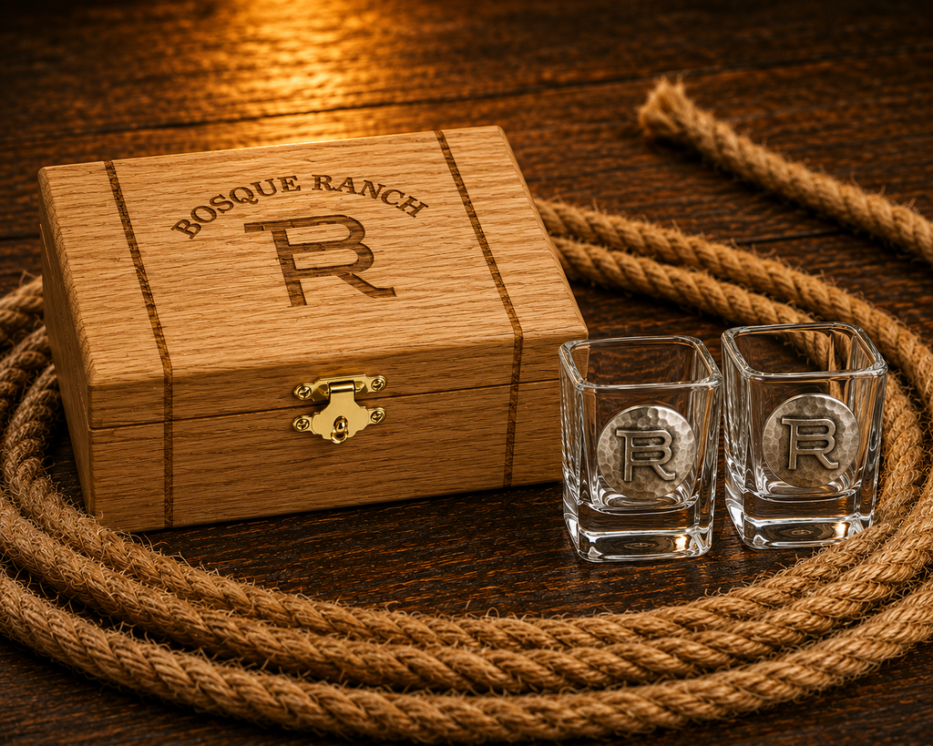 Bosque Ranch Wendell August 2 Piece Shot Glass Wooden Box